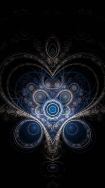 Merkezi kalp şeklindeki sembolden yapılmış soyut fraktal arkaplan dekoratif süslemelerle çevrili, hepsi parlak renklerde..