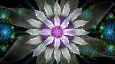 Geniş beyaz çiçekli, dekoratif yıldızlı ve parlak renklerde uzay çiçekleriyle soyut fraktal arkaplan.