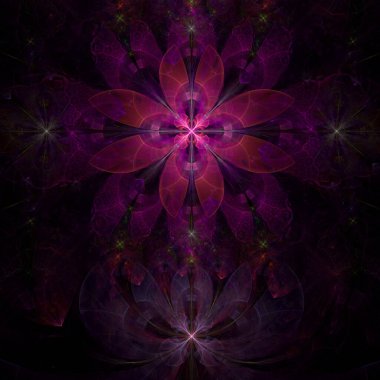 Soyut fraktal arkaplan, diğer yıldızların ve çiçeklerin karmaşık geometrik desenlerine sahip büyük, benzersiz, neredeyse psikedelik uzay çiçekleri, hepsi parlak renkli.