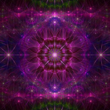 Parlak renklerde, karmaşık dekoratif geometrik deseni olan yıldız gibi büyük bir çiçeğin soyut fraktal arkaplanı.