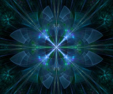 Parlak renklerde, karmaşık dekoratif geometrik deseni olan yıldız gibi büyük bir çiçeğin soyut fraktal arkaplanı.