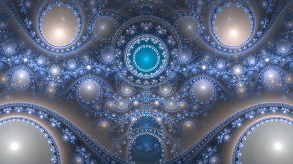 Абстрактный фрактальный фон, выполненный из современного замысловатого светящегося рисунка соединенных колец, кругов, арок и волн в светящихся ярких цветах
.