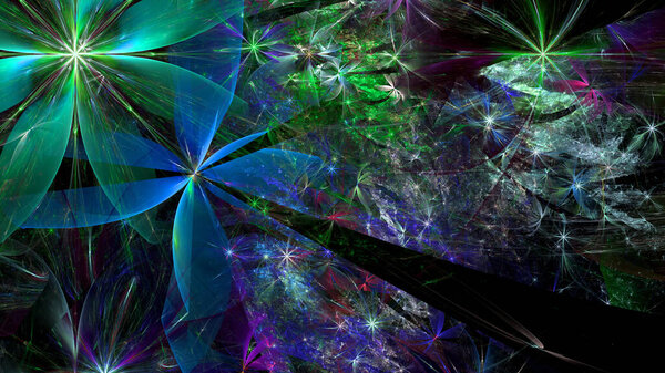 Abstract fractal background with large unique almost psychedelic space flowers with intricate decorative geometric pattern of other stars and flowers surrounding them, all in shining vibrant colors