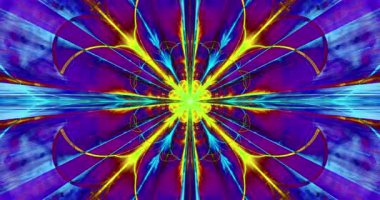 Dekoratif kirişler, kemerler, yüzükler ve dikdörtgen karolardan oluşan karmaşık bir merkez yıldızdan oluşan hızlı renk değiştiren soyut fraktal arkaplan, 4k, 4096, 25fps