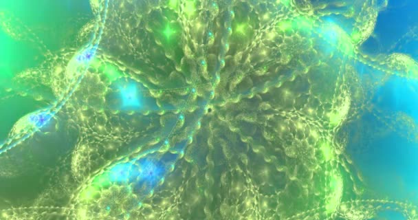 Vidéo fractale abstraite à changement de couleur rapide composée d'anneaux interconnectés avec des centres brillants et des étoiles, le tout dans des couleurs brillantes, 4k, 4096p, 25fps 