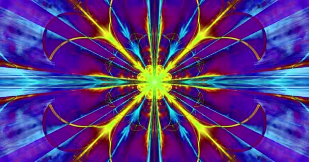 装飾的なビーム アーチ リングと暗い鮮やかな色で長方形のタイル 4096 25Fpsで複雑な大きな中央の星で作られた急速な色の変化ループ可能な抽象的なフラクタルの背景 — ストック動画