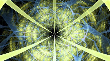 Birbirine bağlı halkalar, kemerler ve parlak renkli geometrik desenlerden oluşan soyut fraktal arkaplan.