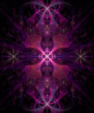 Karmaşık dekoratif geometrik deseni olan büyük bir yıldızın soyut fraktal arkaplanı neredeyse parlayan renklerdeki bir çiçeğe benzer..