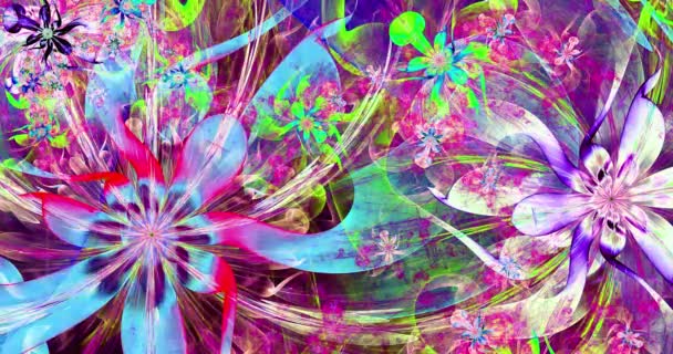 Rychlé barevné měnící se abstraktní moderní fraktální pozadí s propletenými psychedelickými prostorovými květinami se složitým dekorativním vzorem obklopujícím je, v jasně zářivých živých barvách, 4k