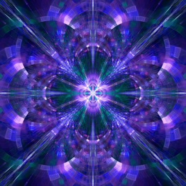 Parlak renklerde, karmaşık dekoratif geometrik deseni olan yıldız gibi büyük bir çiçeğin soyut fraktal arkaplanı.