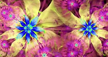 Birbirine bağlı yıldızlarla hızlı renk değiştiren soyut fraktal video, karmaşık dekoratif geometrik desenli uzay çiçekleri onları parlak renklerle çevreleyen ve birleştiren 4k, 4096p, 25fps