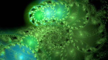 Karmaşık dekoratif halkalardan oluşan soyut fraktal arkaplan parlak renklerde spiral oluşturur.