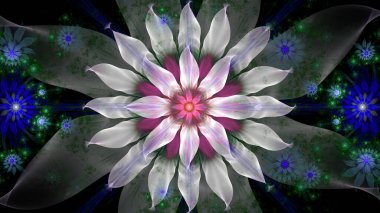 Geniş beyaz çiçekli, dekoratif yıldızlı ve parlak renklerde uzay çiçekleriyle soyut fraktal arkaplan
