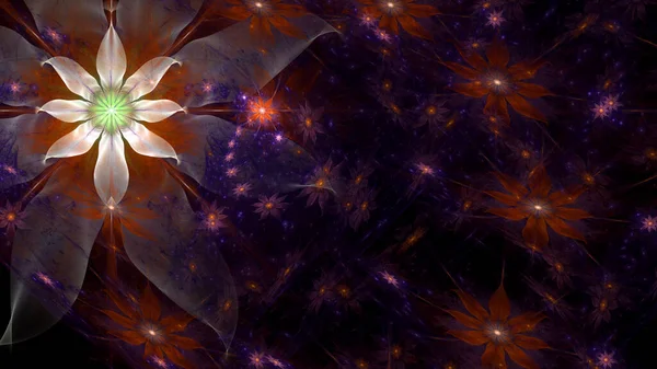 Absztrakt Fraktál Háttér Nagy Fehér Központi Virág Dekoratív Csillagok Űrvirágok — Stock Fotó