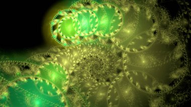 Karmaşık dekoratif halkalardan oluşan soyut fraktal arkaplan parlak renklerde spiral oluşturur.