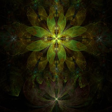 Soyut fraktal arkaplan, diğer yıldızların ve çiçeklerin karmaşık geometrik desenlerine sahip büyük, benzersiz, neredeyse psikedelik uzay çiçekleri, hepsi parlak renkli.