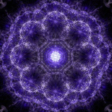 Soyut fraktal arkaplan, diğer yıldızların ve çiçeklerin karmaşık geometrik desenlerine sahip büyük, benzersiz, neredeyse psikedelik uzay çiçekleri, hepsi parlak renkli.