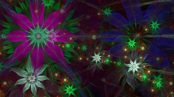 抽象的分形背景 巨大而独特的几乎是迷幻的空间花朵 有着复杂的装饰几何图案的其他恒星和围绕着它们的花朵 它们都是闪亮的 充满活力的颜色 — 图库照片