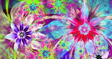 Hızlı renk değiştiren soyut modern fraktal arkaplan çarpık birbirine bağlı psikedelik uzay çiçekleri ve onları çevreleyen karmaşık dekoratif desenler parlak canlı renklerle, 4k