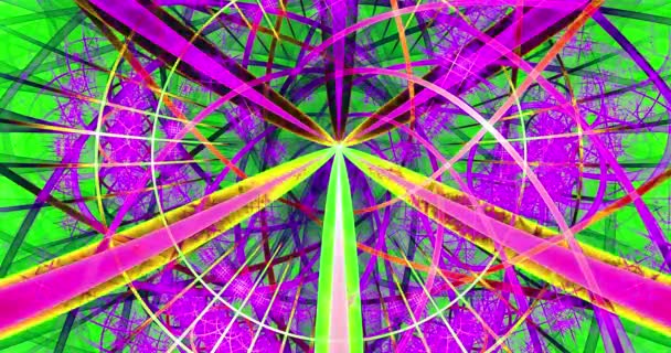 装飾的なビーム アーチ リングと暗い鮮やかな色で長方形のタイル 4096 25Fpsで複雑な大きな中央の星で作られた急速な色の変化ループ可能な抽象的なフラクタルの背景 — ストック動画