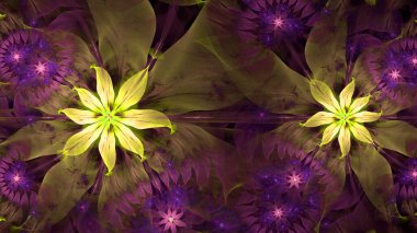 Soyut fraktal arkaplan, diğer yıldızların ve çiçeklerin karmaşık geometrik desenlerine sahip büyük, benzersiz, neredeyse psikedelik uzay çiçekleri, hepsi parlak renkli.