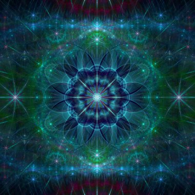 Parlak renklerde, karmaşık dekoratif geometrik deseni olan yıldız gibi büyük bir çiçeğin soyut fraktal arkaplanı.