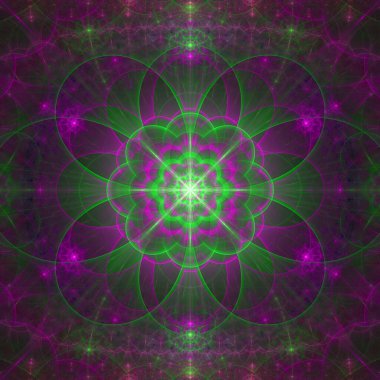 Karmaşık dekoratif geometrik deseni olan büyük bir yıldızın soyut fraktal arkaplanı neredeyse parlayan renklerdeki bir çiçeğe benzer..