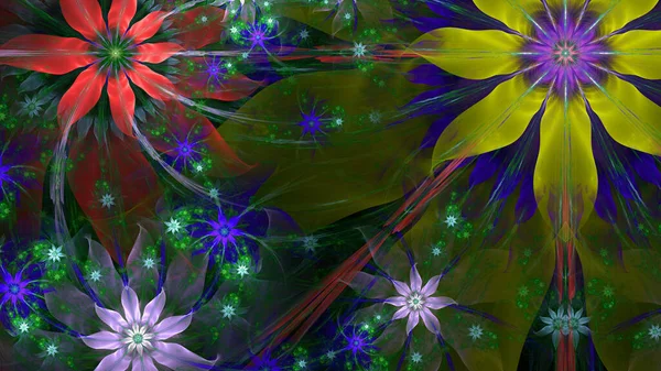 抽象的分形背景 巨大而独特的几乎是迷幻的空间花朵 有着复杂的装饰几何图案的其他恒星和围绕着它们的花朵 它们都是闪亮的 充满活力的颜色 — 图库照片