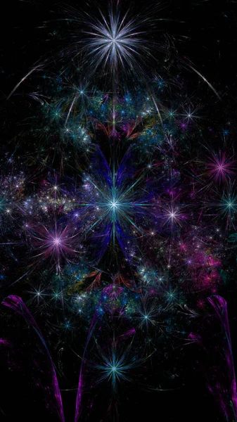 概要他の星や花の複雑な装飾幾何学的パターンを持つ大規模なユニークなほぼサイケデリックな空間の花を周囲のすべての鮮やかな色に輝くとフラクタルの背景 — ストック写真