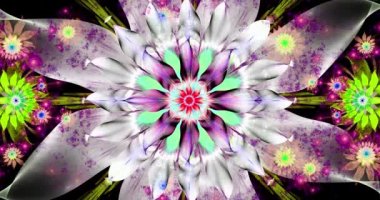 Hızlı renk değiştiren soyut modern fraktal arkaplan çarpık birbirine bağlı psikedelik uzay çiçekleri ve onları çevreleyen karmaşık dekoratif desenler parlak canlı renklerle, 4k