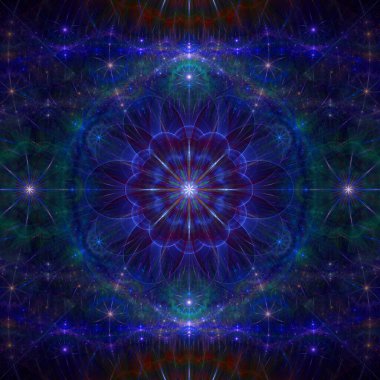 Parlak renklerde, karmaşık dekoratif geometrik deseni olan yıldız gibi büyük bir çiçeğin soyut fraktal arkaplanı.
