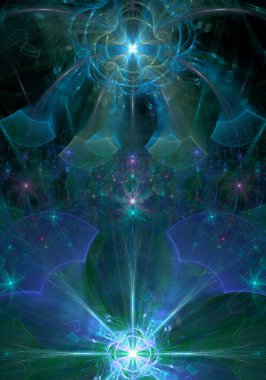 Soyut fraktal arkaplan, diğer yıldızların ve çiçeklerin karmaşık geometrik desenlerine sahip büyük, benzersiz, neredeyse psikedelik uzay çiçekleri, hepsi parlak renkli.