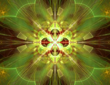 Karmaşık dekoratif geometrik deseni olan büyük bir yıldızın soyut fraktal arkaplanı neredeyse parlayan renklerdeki bir çiçeğe benzer..