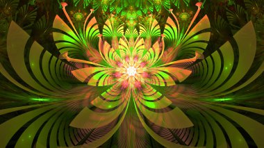 Soyut fraktal arkaplan, diğer yıldızların ve çiçeklerin karmaşık geometrik desenlerine sahip büyük, benzersiz, neredeyse psikedelik uzay çiçekleri, hepsi parlak renkli.