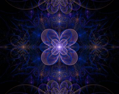 Karmaşık dekoratif geometrik deseni olan büyük bir yıldızın soyut fraktal arkaplanı neredeyse parlayan renklerdeki bir çiçeğe benzer..
