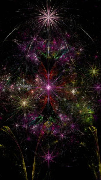 概要他の星や花の複雑な装飾幾何学的パターンを持つ大規模なユニークなほぼサイケデリックな空間の花を周囲のすべての鮮やかな色に輝くとフラクタルの背景 — ストック写真