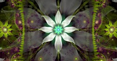Hızlı renk değişimi döngüsü, soyut fraktal video, büyük beyaz çiçek ve dekoratif yıldızlar ve etraftaki uzay çiçekleri, 4k, 4096p, 25fps