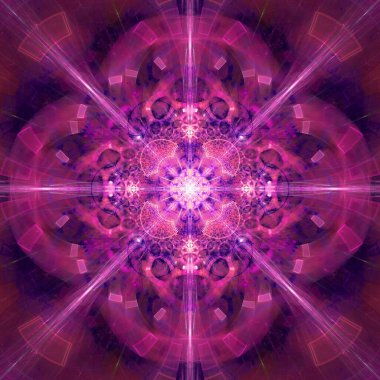 Parlak renklerde, karmaşık dekoratif geometrik deseni olan yıldız gibi büyük bir çiçeğin soyut fraktal arkaplanı.