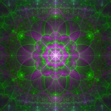 Karmaşık dekoratif geometrik deseni olan büyük bir yıldızın soyut fraktal arkaplanı neredeyse parlayan renklerdeki bir çiçeğe benzer..