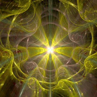 Karmaşık dekoratif geometrik deseni olan büyük bir yıldızın soyut fraktal arkaplanı neredeyse parlayan renklerdeki bir çiçeğe benzer..