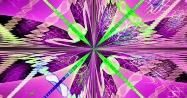 Dekoratif kirişler, kemerler, halkalar ve parlak canlı renklerde dikdörtgen kiremitleri olan karmaşık büyük bir yıldızdan oluşan hızlı renk değiştiren soyut fraktal arkaplan, 4k, 4096, 25fps