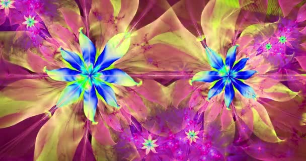 鮮やかな鮮やかな色で それらを囲む複雑な装飾パターンを持つツイスト相互接続されたサイケデリックな空間の花と抽象的な現代のフラクタルの背景を変化させる急速な色 — ストック動画