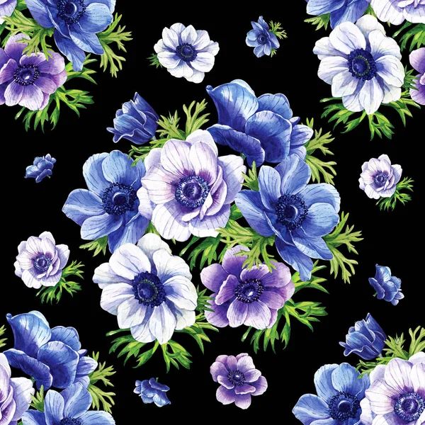 Blauwe Witte Lila Anemonen Een Witte Achtergrond Mooi Patroon — Stockfoto