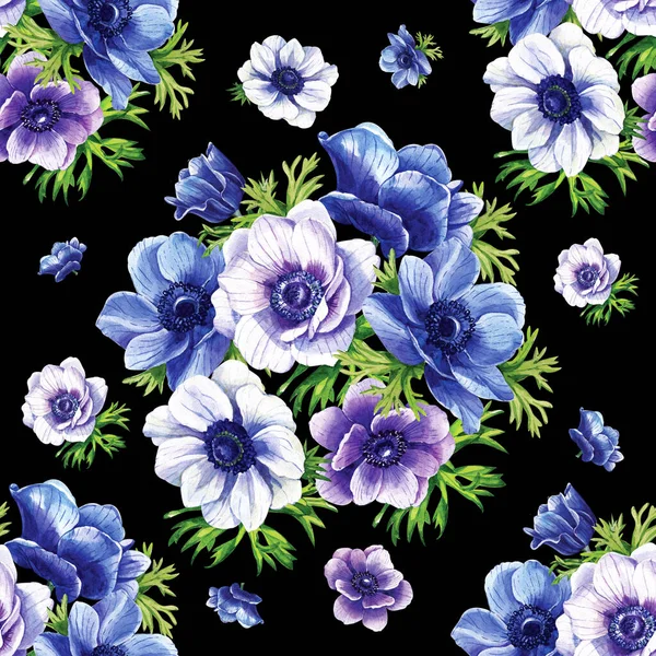 Blue, white, lilac anemones on a white background. beautiful pattern.