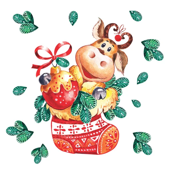 Anno Del Toro Buon Natale Auguri Capodanno Illustrazione Animale Fattoria — Foto Stock