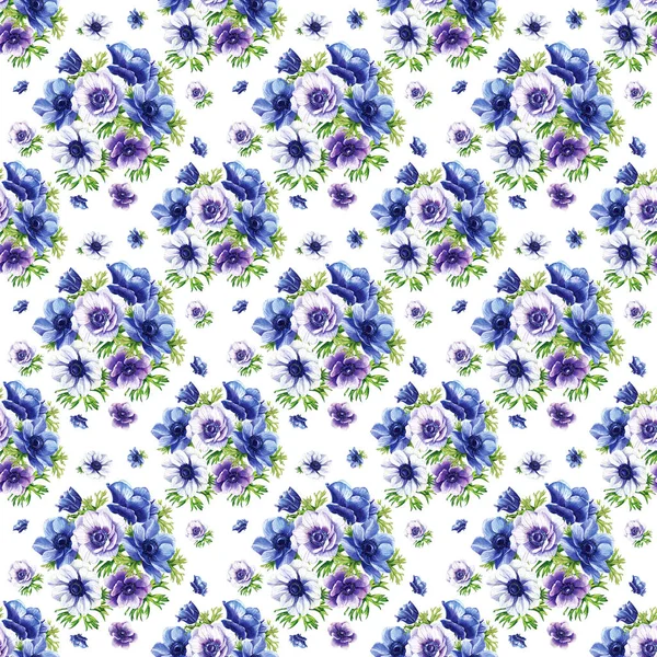 Bellissimo Modello Con Anemoni Bianchi Blu Viola — Foto Stock