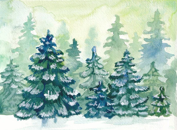 Watercolor coniferous forest illustrations, fir trees, Winter nature, holiday background, coniferous trees, snow, Outdoor, Snowy rural landscape.