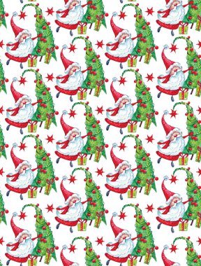 Noel ağacının yanında, kırmızı toplarla süslenmiş güzel hediyelerle dolu mutlu Noel Baba. Mutlu yıllar. Baba don deseni.