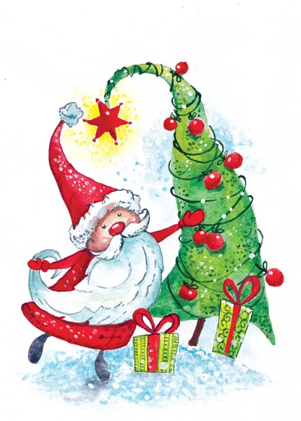 Καλά Santa Claus Κοντά Στο Χριστουγεννιάτικο Δέντρο Διακοσμημένο Κόκκινες Μπάλες — Φωτογραφία Αρχείου