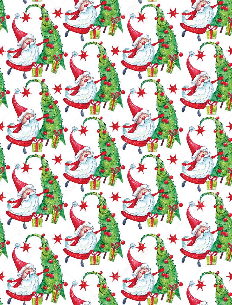 Merry Santa Claus near the Christmas tree, decorated with red balls with beautiful gifts. Happy new year. Father frost pattern.